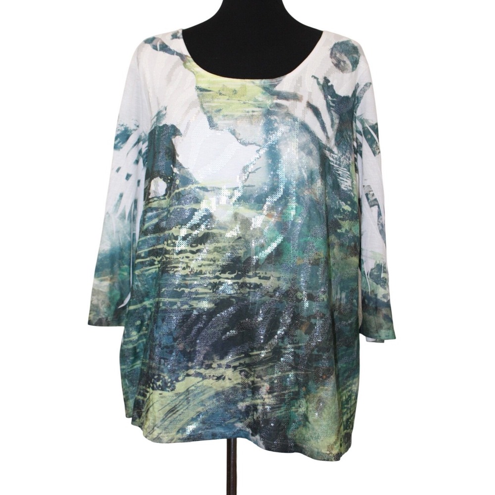 Coldwater Creek 1X 18 Abstract Sequin Landscape Top 3/4 Sleeve Blue Green White